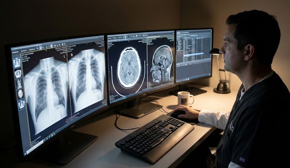 Radiolog analizujący badania na trzystanowiskowej stacji diagnostycznej DICOM