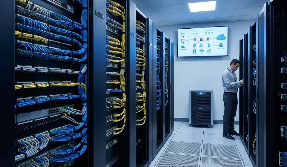 Serwerownia MediTotal z szafami rack i mapą sieci na ekranie